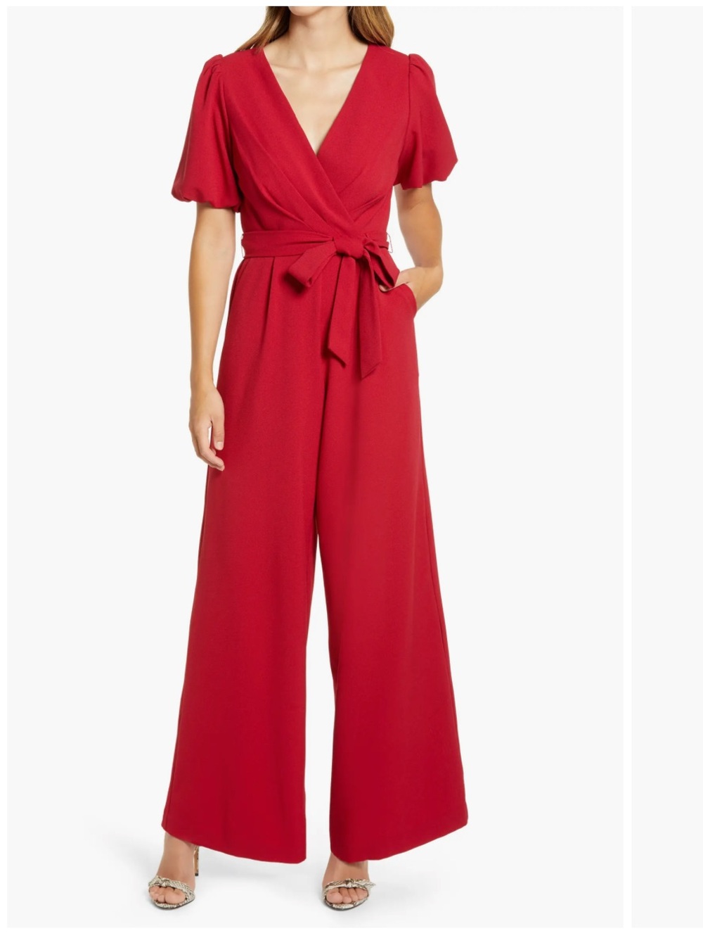 Red Wrap-Front Wide-Leg Jumpsuit with Self-Tie Waist